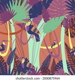 Seamless vector botanical pattern colourful abstract design of tropical forest with toucans in warm dark colors. The design is perfect for wallpapers, wrapping paper, decorations, textiles