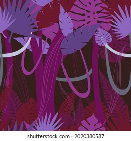 Seamless vector botanical pattern colourful abstract design of tropical forest in dark pink and violet tones. The design is perfect for wallpapers, wrapping paper, decorations, textiles