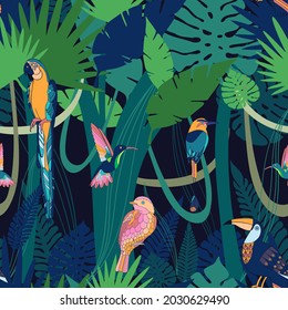 Seamless vector botanical pattern colourful abstract design of night tropical forest with birds and parrots in dark green tones. Can be used for wallpapers, wrapping paper, decorations