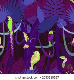 Seamless vector botanical pattern colourful abstract design of night tropical forest with birds and parrots in dark purple tones. Can be used for wallpapers, wrapping paper, decorations