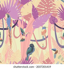 Seamless vector botanical pattern colourful abstract design of night tropical forest with birds and parrots in pastel tones. Can be used for wallpapers, wrapping paper, decorations