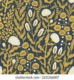 Seamless vector botanical pattern with decorative textured plants. Dark background. Fabric print, home textile, wallpapers, scrapbooking design concept.