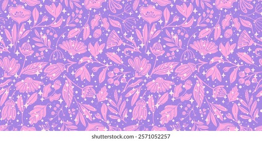 Seamless vector botanical pattern with delicate pink flowers, leaves, and berries on purple background. Decorative monochromatic design features sparkles creating romantic atmosphere.