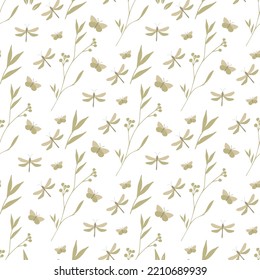 Seamless vector botanical pattern. Dragonflies and grass. Great for printing on fabric and paper.