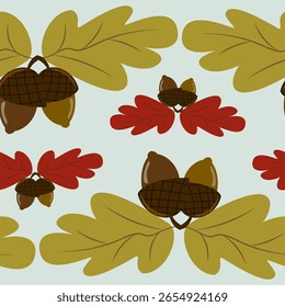 Seamless vector botanical pattern featuring clusters of yellow and red oak leaves with acorns on a light blue background. Ideal for fresh autumn designs, textiles, and decorative elements.