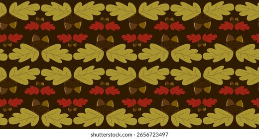 Seamless vector botanical pattern featuring symmetrical clusters of green and red oak leaves with acorns on a dark brown background. Ideal for classic autumn designs and textiles.