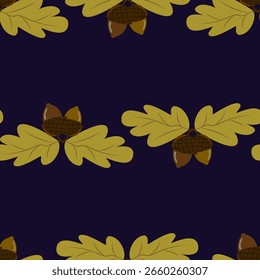 Seamless vector botanical pattern featuring clusters of yellow oak leaves and dark brown acorns, arranged in horizontal rows on a dark navy blue background. Ideal for rustic autumn designs.