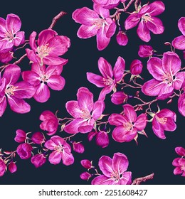 Seamless vector botanical pattern with flowering tree branches. Pink apple tree in realistic style. Surface design, textiles, clothing prints, wallpaper, postcards and design your products