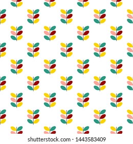 Seamless vector botanical pattern of graphic twigs with colorful leaves in pastel colors pink yellow turquoise maroon on white background. Nordic scandinavian retro style. Wallpaper kids textile