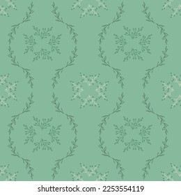 Seamless vector vector botanical pattern with green background. Classic concept for fabric and paper, surface textures.