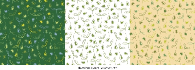 Seamless vector botanical pattern with green sprouts. Simple, sketchy sprouts and seeds. Freehand drawing, simple outline design. Nature-themed backgrounds for web design, textile prints, wallpaper, or wrapping paper. Vector textures on three different backgrounds: rich green, white and light beige.
