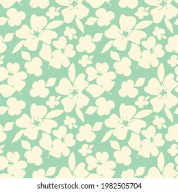 Seamless vector botanical pattern with monochrome flowers on a green background. 