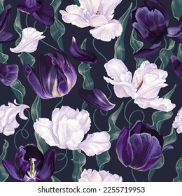 Seamless vector botanical pattern in realistic style and dark colors. Purple and white tulips with leaves and petals in repeating template for surface design, textiles, clothing prints, postcards.