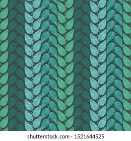 A seamless vector botanical pattern with stripes of leaves in few shades of green and teal. Surface print design.