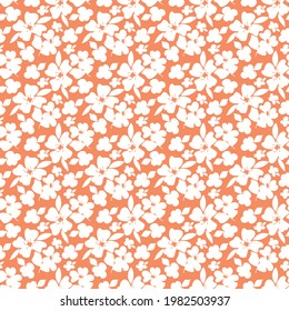 Seamless vector botanical pattern with white flowers on a red-orange background. 