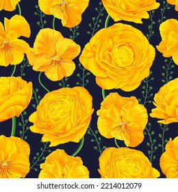 Seamless vector botanical pattern with yellow flowers on dark background. Realistic hand-drawn Pansies, Buttercups. Repeatable ornament for banners, posters, advertisements, textiles, clothing design.