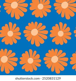 Padrão de botânica de vetor sem costura no fundo verde com flores laranja em um fundo azul para tipografia, design, têxteis