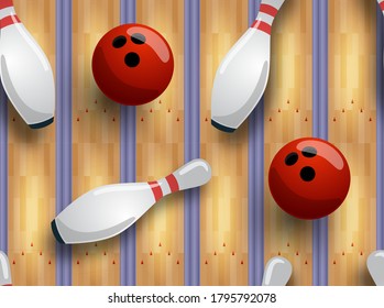 Patrón de bolos vectorial sin plomo. Pista de boliche, pelota, caracoles en el suelo. Ilustración del vector