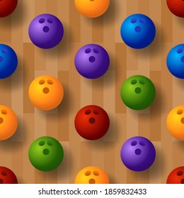 Seamless vector bowling pattern. Bowling track, ball, skittles on the floor. Vector illustration