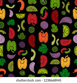 Seamless Vector Bright, Bold Colorful Mexcian Food Garden Vegetable Stripe on Textured Black Background. Great for backgrounds, gift wrap, wallpaper, home decor, textiles, fabric, farmers markets.