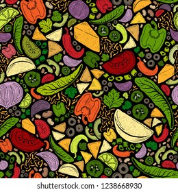 Seamless Vector Bright, Bold Nacho, Taco, Burrito, Chips, Cheese, Bean, Garden Veggie Ingredients on Black. Great for backgrounds, gift wrap, wallpaper, home decor, textiles, fabric, farmers markets.