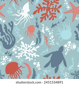 Seamless vector bright eco summer laconic sea pattern handmade with marine elements for children with tropical fish corals jellyfish octopus bubbles turtle algae