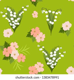 Seamless vector bright illustration with lily of the valley. For decoration of textiles, packaging, web design.