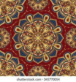 Seamless, vector, bright, ornate pattern with mandalas. Template for textiles, shawl, carpet,  tile. Oriental ornament  with gold border.