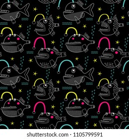 Seamless vector bright pattern with anglers for typography poster, card, label, brochure, flyer, page, banner design. Vector illustration background. Pink, blue and green.