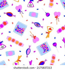 Seamless vector bright pattern with candies and different sweets on a white background. Background for wrapping paper, for packaging in a confectionery or candy store.