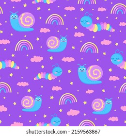 Seamless vector bright pattern. Cartoon neon insects. Design template for kids education, entertainment, books, background