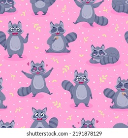 Seamless vector bright pattern with emotions raccoons. Cartoon flat animals. Design template for textile, fabric, background