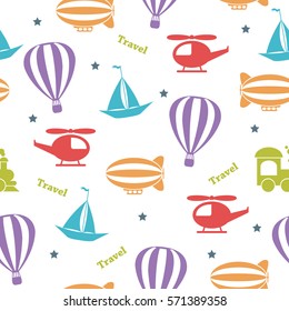 Seamless vector bright pattern for kids. Cartoon transport.