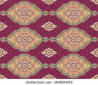 Seamless vector bright pattern of mandalas. Oriental ornament with gold contour on a pink background. Colorful template for fabrics, textiles, shawls, carpets, bedspreads, wallpaper, cushions.