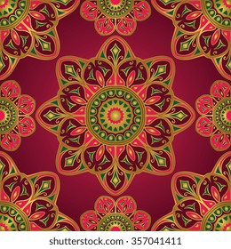 Seamless vector bright pattern of mandalas. Oriental ornament with gold contour on a pink background. Colorful template for fabrics, textiles, shawls, carpets, bedspreads, wallpaper, cushions.