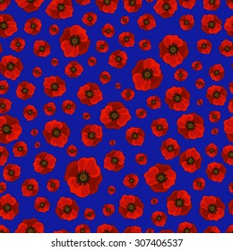 seamless vector bright poppies on a blue background