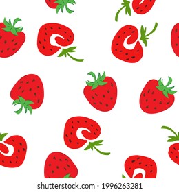 Seamless vector bright simple summer pattern with strawberries of two different types of stylization on a white background for wallpaper, textiles, wrapping paper, cards, banners. 