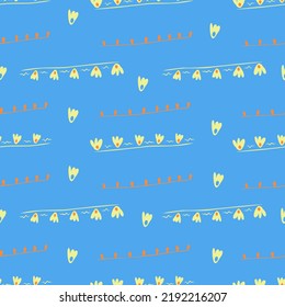 Seamless vector bright summer floral pattern with yellow small patterns and orange stripes on blue background