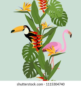 Seamless vector bright summer illustration with tropical plants, flowers, flamingos and toucan. For decorating textiles, packaging and wallpaper.