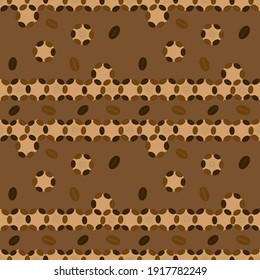 Fondo marrón vectorial sin foco con adorno de granos de café. Ilustración de patrón para la decoración, textil o papel impreso.