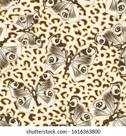 Seamless vector brown butterflies pattern. Butterfly on leopard print. Trendy animal motif wallpaper. Fashionable background for fabric, textile, design, banner, cover, web etc.