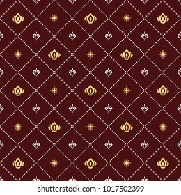 Seamless vector brown and golden pattern. Modern geometric ornament with royal lilies. Classic vintage background