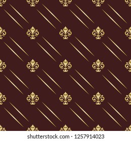 Seamless vector brown and golden pattern. Modern geometric ornament with royal lilies. Classic vintage background