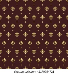 Seamless vector brown and golden pattern. Modern geometric ornament with royal lilies. Classic background