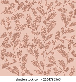 Seamless vector brown line leaf and twig pattern on beige background. Hand drawn floral botanical wallpaper.