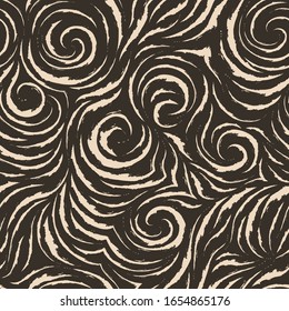 Seamless vector brown pattern of smooth lines with torn edges in the form of corners and spirals. Dark texture for finishing fabrics or wrapping paper in pastel colors.