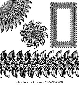 seamless vector brush with abstract leaves on white background for creating borders, wreaths, for decoration of postcards, posters, paper, gifts, stickers, covers.