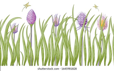Seamless vector brush of meadow purple-pink flowers and green grass. Ecology style. For various design and print, postcards.