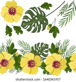Seamless vector brush from tropical plants. Yellow hibiscus and monstera, palm leaves for design of fabric, paper and more pattern design. Seamless background.