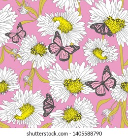 Seamless vector butterflies and chamomiles pattern/ Multicolor  butterflies background for design, banner, wrapping, textile, fabric.